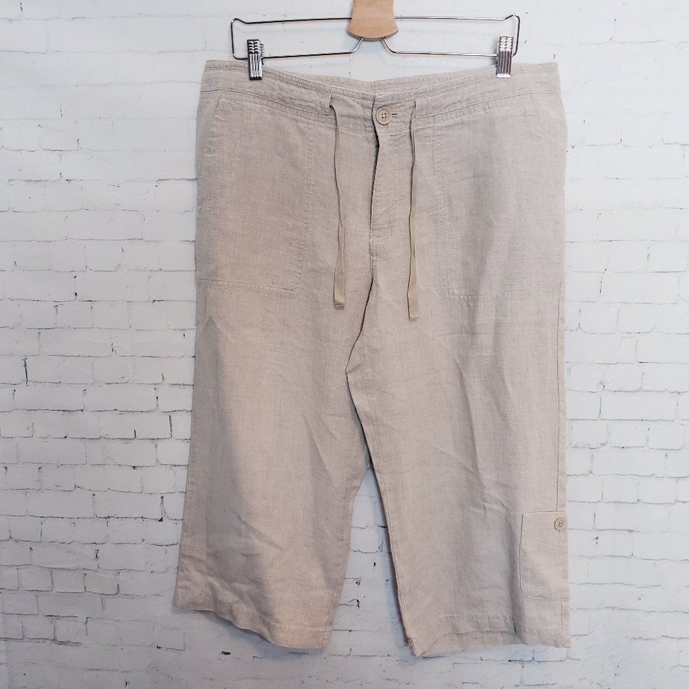 Eddie Bauer Womens Cropped Linen Pants Size 14 Beige Tan Drawstring Waist
